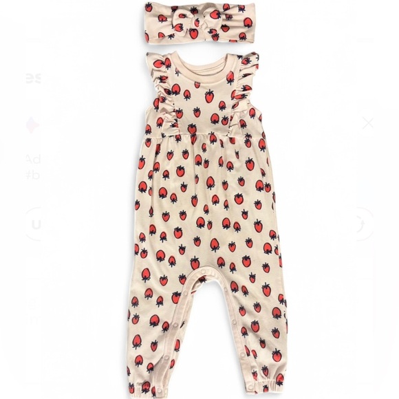 Cat & Jack 12 Months Strawberry Ruffle Romper & Headband, Jumpsuit Summer - Picture 1 of 8